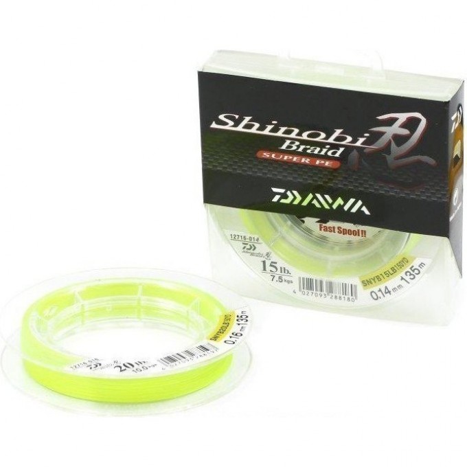 Плетеная леска DAIWA Shinobi Braid - 25 Lb (0.18мм) - 135м (ярко-жёлтая) 4027093288203 Плетеная леска DAIWA Shinobi Braid - 25 Lb (0.18мм) - 135м (ярко-жёлтая) 4027093288203
