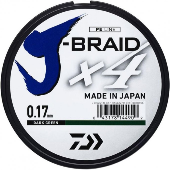 Шнур DAIWA J-Braid X4 0,33мм 135м Dark green 12741-033RU Шнур DAIWA J-Braid X4 0,33мм 135м Dark green 12741-033RU